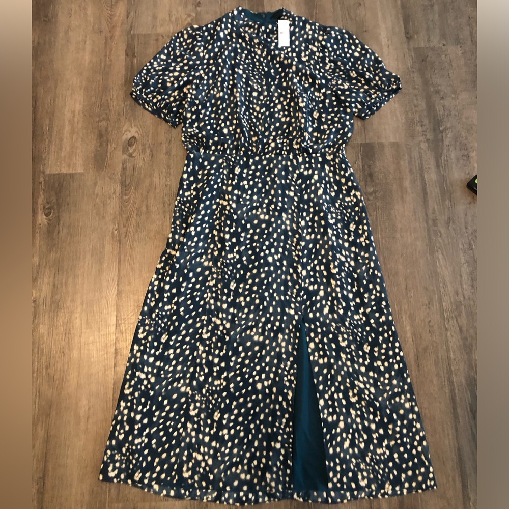 Ann Taylor Spotted Puff Sleeve Midi Flare Dress
